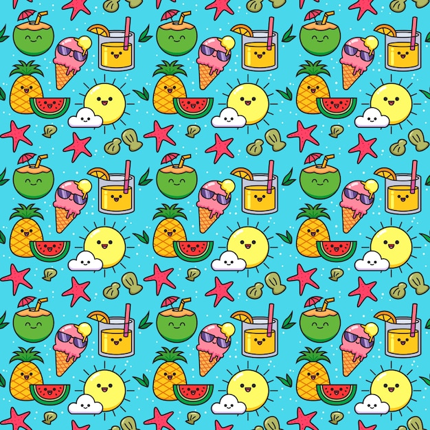 Vector summer seamless pattern with kawaii fruits, ice-creams and cocktails