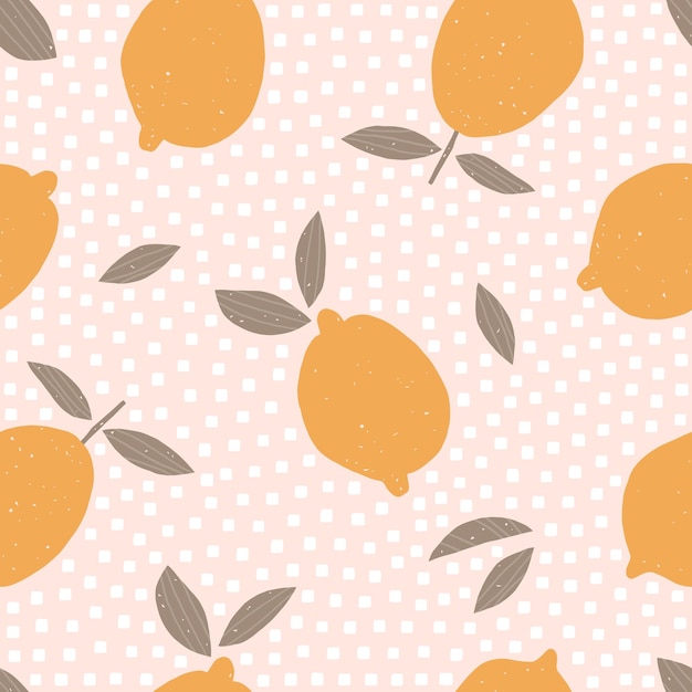 Summer seamless pattern with lemon floral and polka dot shapes