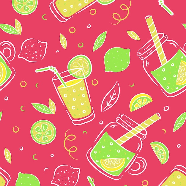 Summer seamless pattern with lemon lemon slice jar with lemonade