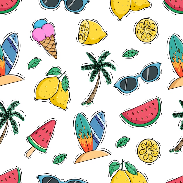 Vector summer seamless pattern with lemon, watermelon and coconut tree