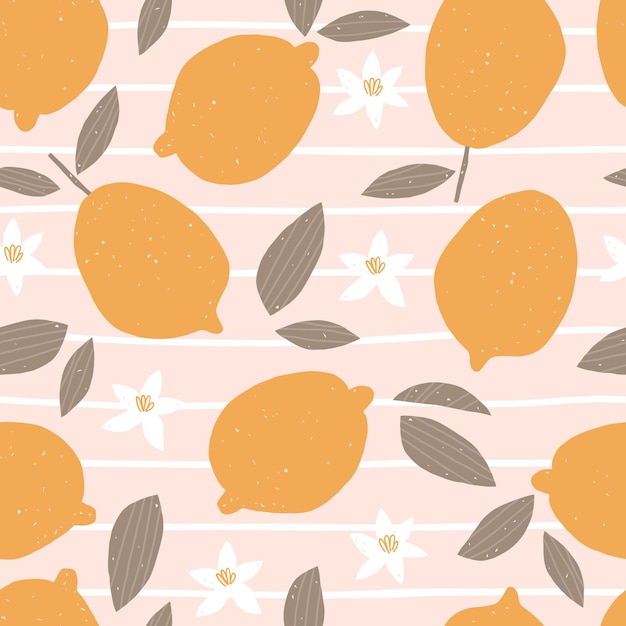 Summer seamless pattern with lemons flowers and leaves