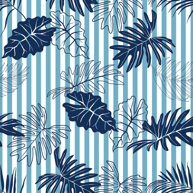 Summer seamless pattern with navy blue tropical leaves on stripe background