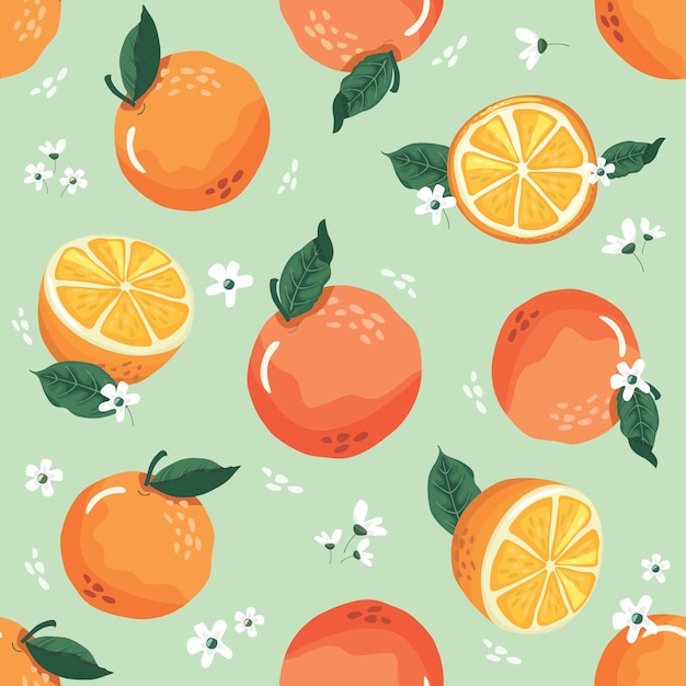 Summer seamless pattern with oranges and blossom.