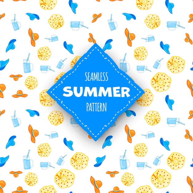 Vector summer seamless pattern with panama and drinks on white background cartoon style vector