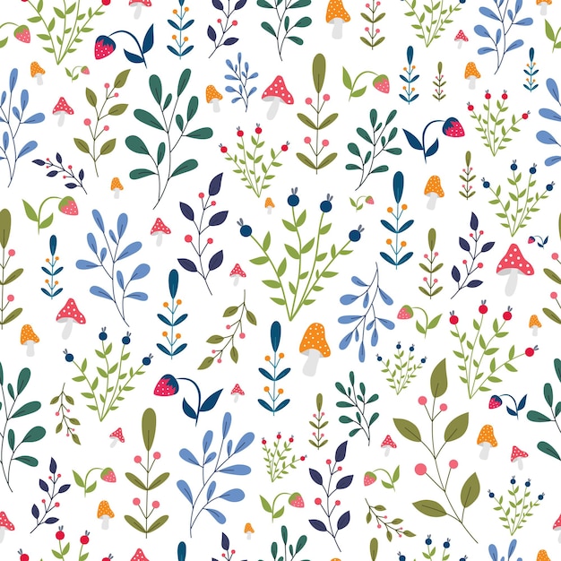 summer seamless pattern with plants, berries, mushrooms, branches