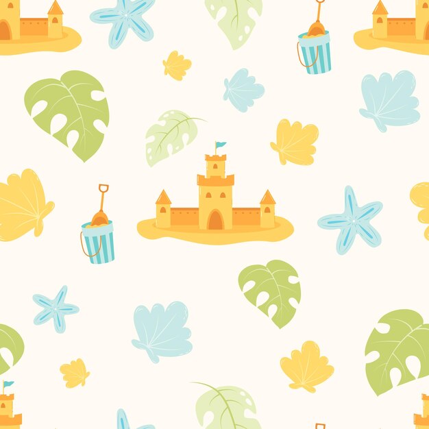 Summer seamless pattern with sand castle shells corals on white background