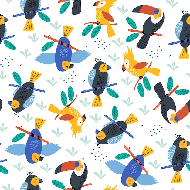 ベクトル 熱帯の鳥ヤシの葉と夏のシームレスなパターン ベクトル イラスト