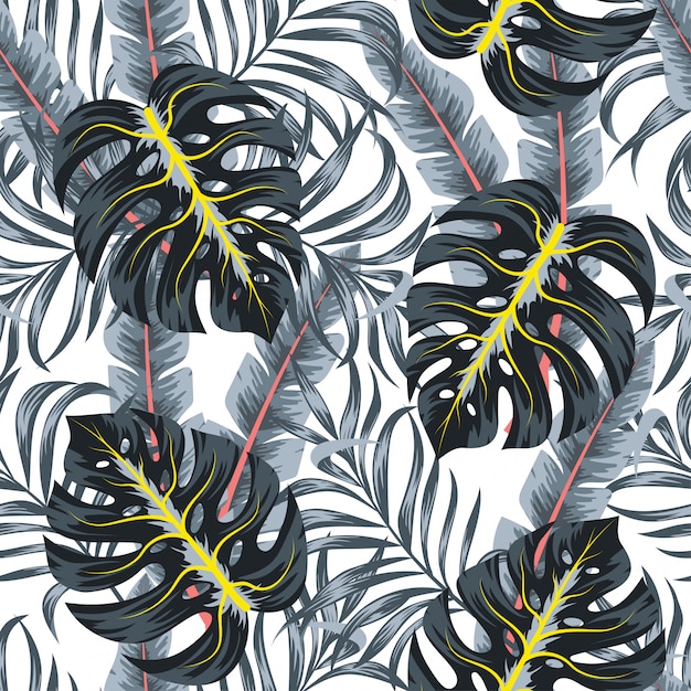 Summer seamless pattern with tropical leaves and plants