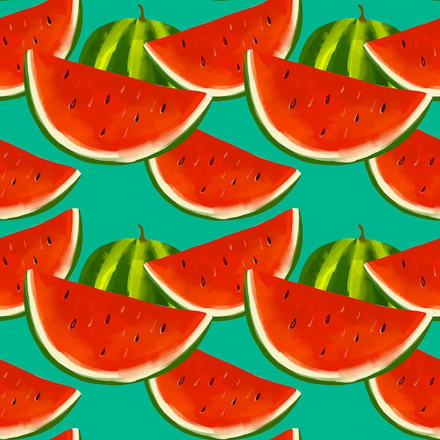 Summer seamless pattern with watermelon slices on blue background