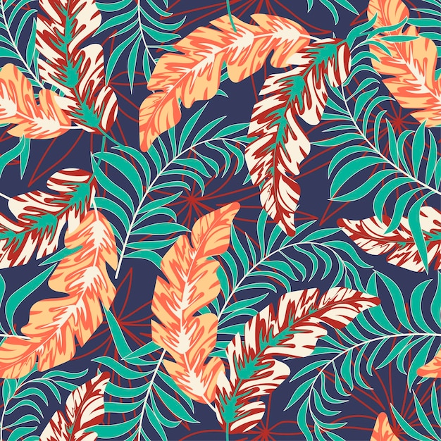 Summer seamless tropical pattern with bright plants and leaves on a purple background