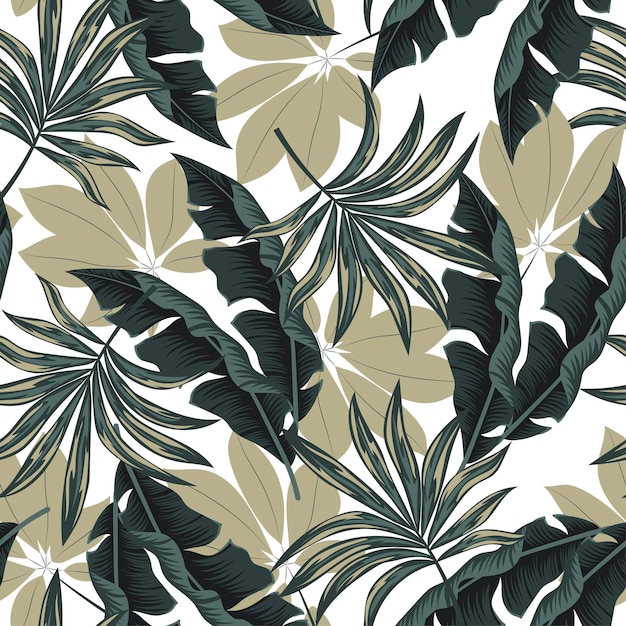 Summer seamless tropical pattern with bright plants and leaves on a white background