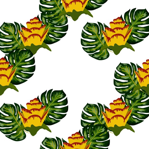 Vector summer seamless tropical pattern with bright yellow and pink plants and leaves