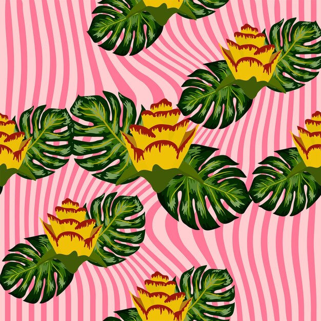 Vector summer seamless tropical pattern with bright yellow and pink plants and leaves