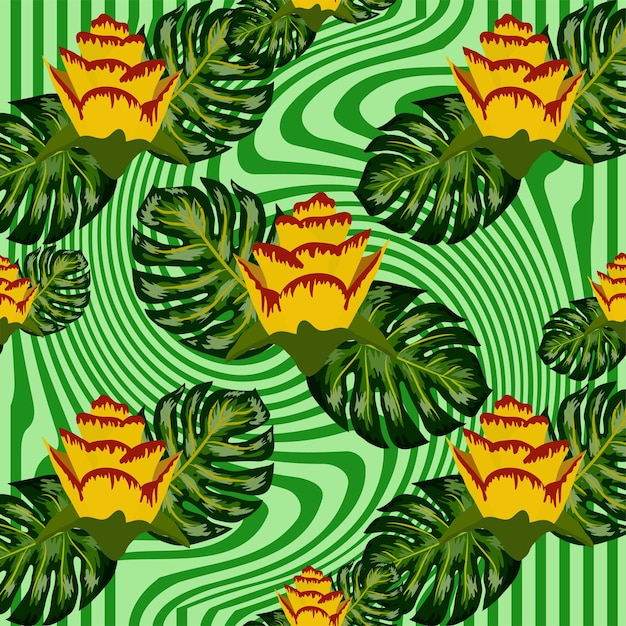 Summer seamless tropical pattern with bright yellow and pink plants and leaves