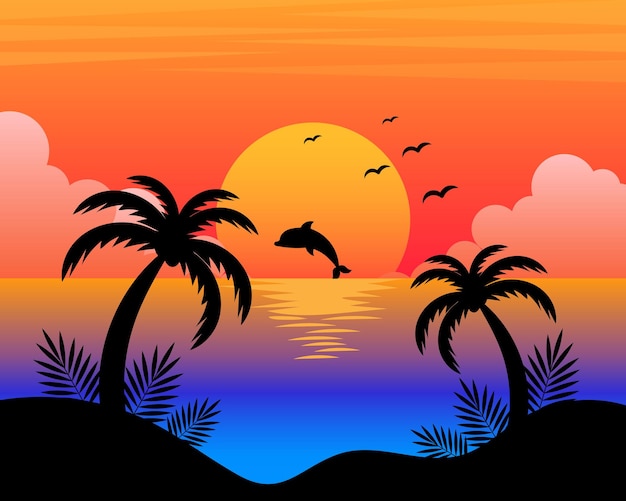 Summer seascape, palm trees, sea, dolphin against the backdrop of sunset. Colorful illustration