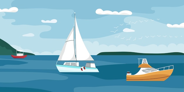 Vector summer seascape with sail boats, ships floating in sea. passenger sailboats, speedboats, yachts