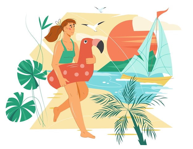 Vector summer seashore beach background with woman going to swim flat vector isolated