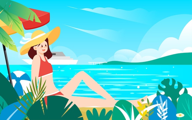 Summer seaside beach and people basking in the sun vector illustration