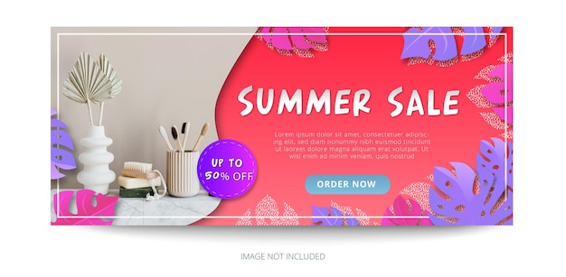 summer season banner with gradient tropical leaves