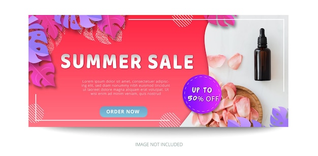 Vector summer season banner with gradient tropical leaves