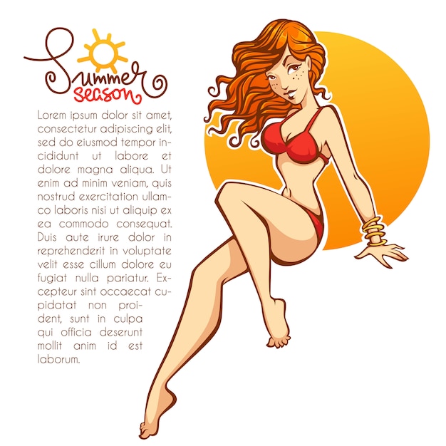 Vector summer season, cartoon vector girl in red swimsuit