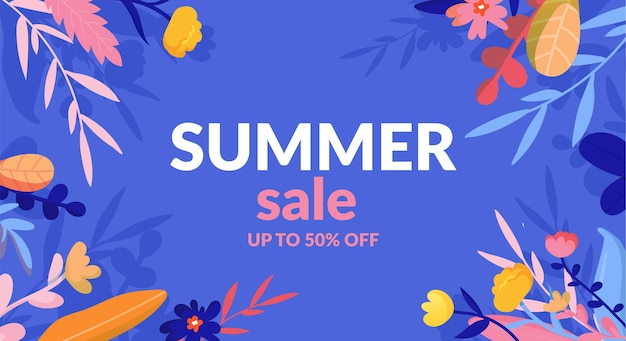 Summer season colourful poster with flowers and promotion text