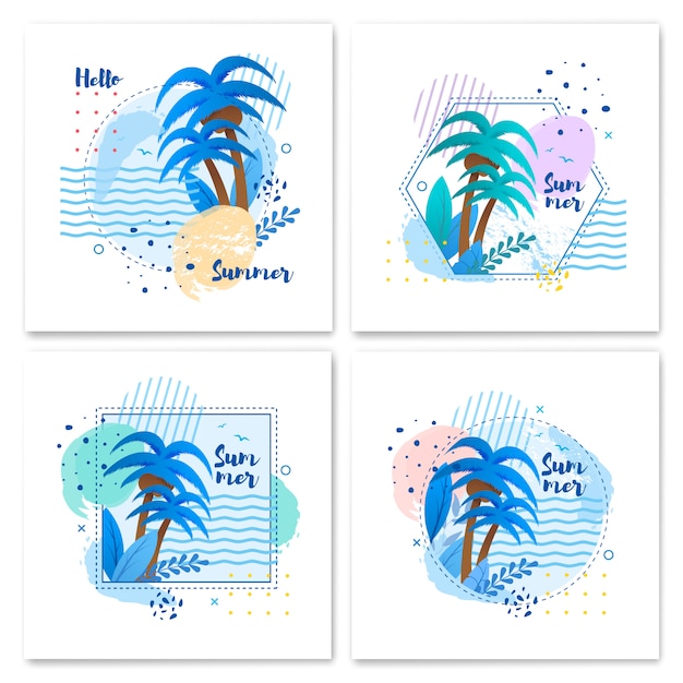 Summer Set in Tropical Style with Cartoon in Geometric Frame