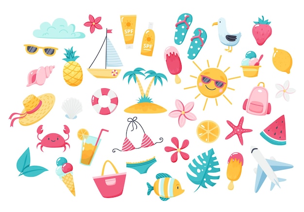 Vector summer set with cute beach elements bikini flip flops fruits flowers palm trees