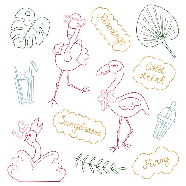 Summer set with cute flamingos and words in dialogue clouds Doodle color lineart vector illustration