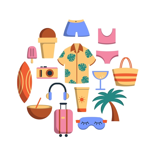 Vettore set estivo con elementi per le vacanze in cerchio pacchetto icone estate illustrazione vettoriale in stile piatto