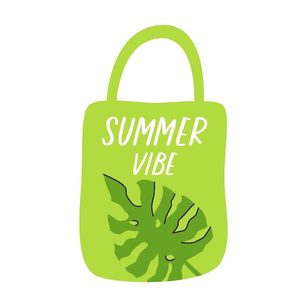 Летняя пляжная сумка для покупок с надписью Summer Vibe и листом монстеры Ручной рисунок шаблона на белом фоне