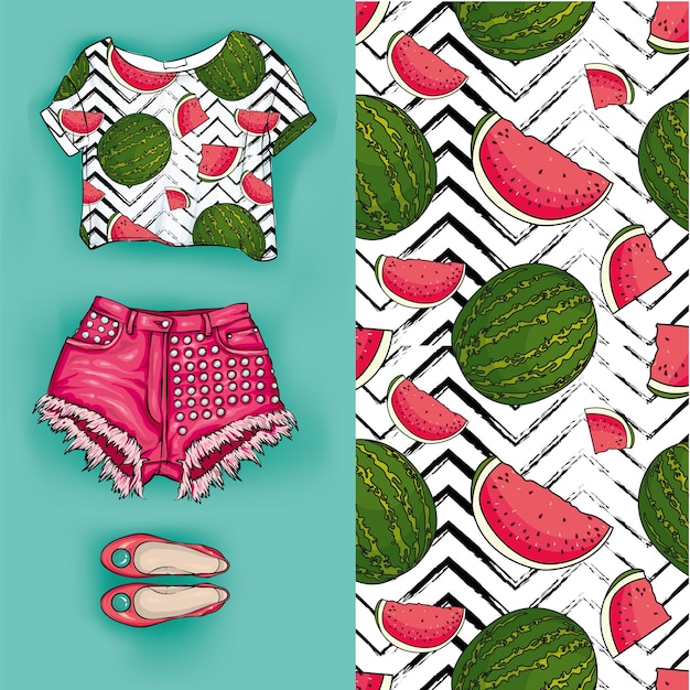 Vector summer shorts and t-shirt with watermelon print