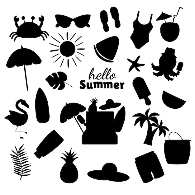 Summer silhouette set cartoon elements flat style