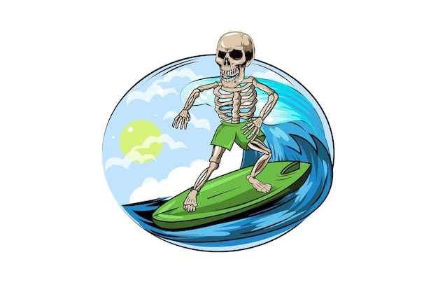 Summer skull surfing in paradise hand drawing illustration