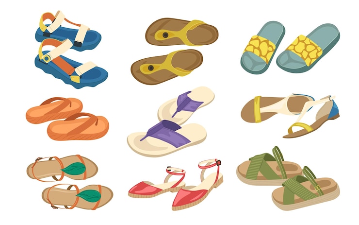 Vector summer slippers sandals flop flip shoes beach footwear accessories set isolated on white