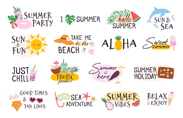 Летний слоган, солнце, мороженое, арбуз и логотип купальника, тропический пляжный отдых, морской отдых, летняя вечеринка и набор векторных наклеек для путешествий