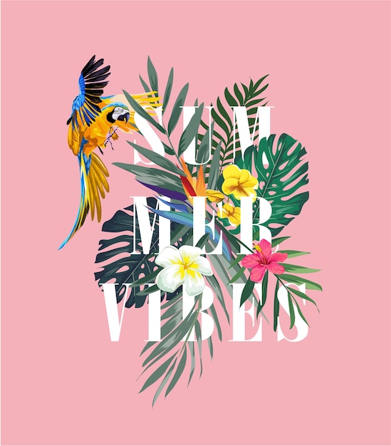 Vector summer slogan with flower and parrot illustration