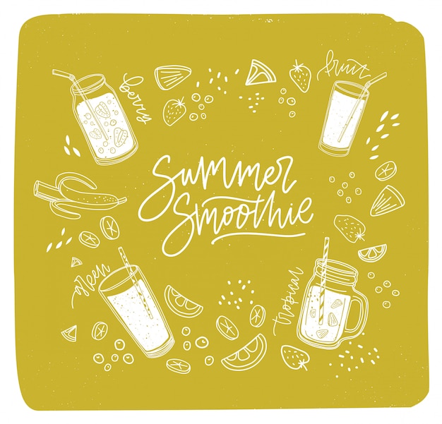 상쾌한 음료 또는 신선한 맛있는 음료와 이국적인 과일, 딸기, 채소의 개요로 둘러싸인 필기체 글꼴로 작성된 여름 스무디 글자. 손으로 그린 그림