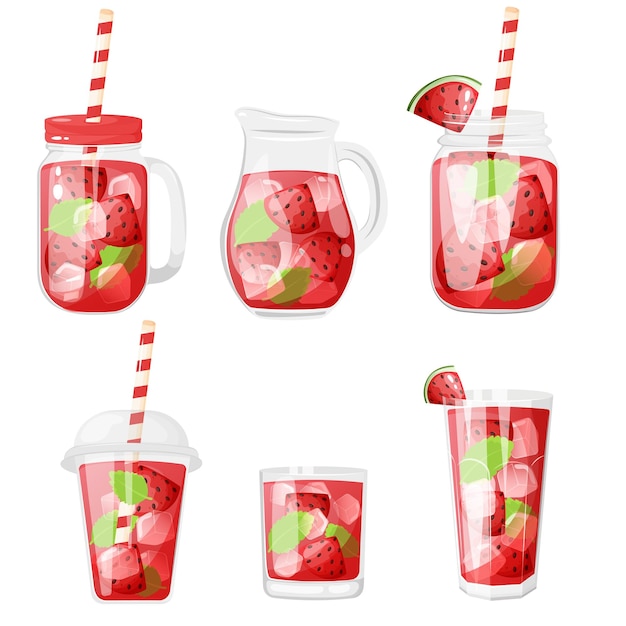 Vector summer soft cold drinks with watermelon in a different containers