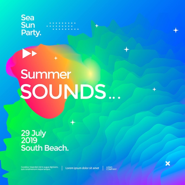 Летние звуки плакат фестиваля электронной музыки Жидкий цветной баннер Динамические градиенты волны фон