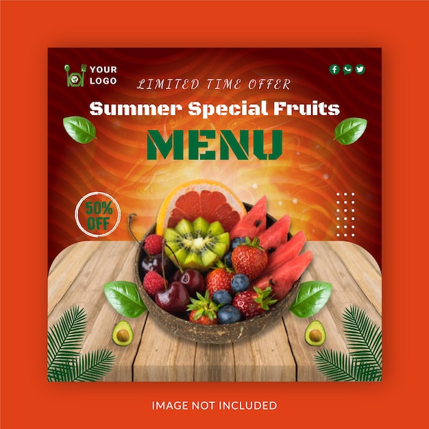 여름 특별 과일 메뉴 Instagram 배너 광고 개념 소셜 미디어 게시물 템플릿