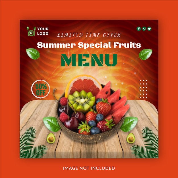 Летнее специальное фруктовое меню Instagram Banner Ad Concept Шаблон поста в социальных сетях