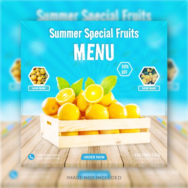 Modello di banner di instagram del concetto di post sui social media del menu di frutta speciale estiva