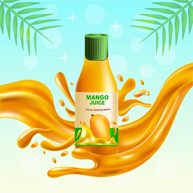 Pubblicità speciale della bottiglia di plastica del succo di mango dell'estate con spruzzata di mango realistica su sfondo blu lucido