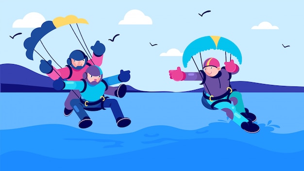 Vector summer sport activity, sea parachute jump  illustration. man woman people cartoon character fun extreme parachuting.