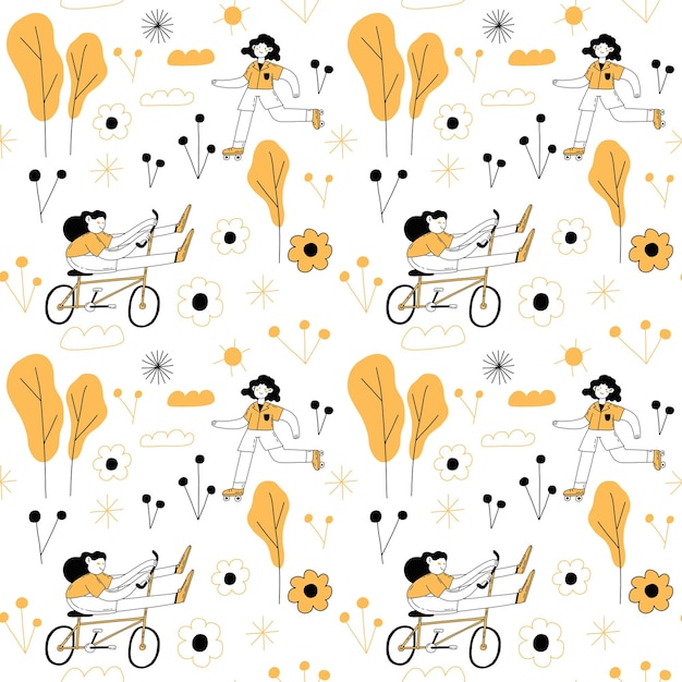 여름 스포츠 손으로 그려진된 개요 완벽 한 패턴입니다. 자전거, 여름 그림에 여성입니다.