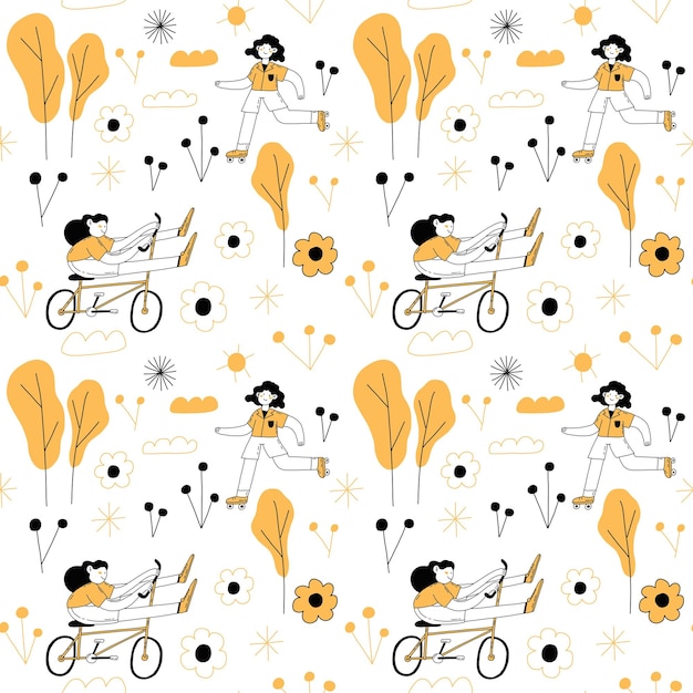 Summer sport hand drawn outline seamless pattern. Female on the bike, summer illustration.