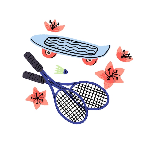 Концепция летних видов спорта и мероприятий Скейтборд и ракетка для бадминтона волан для активного отдыха летние каникулы свободное время Плоская векторная иллюстрация на белом фоне