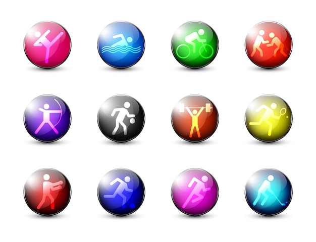 Summer sports icons set Glossy spheres with sport signs Flat vector illustration