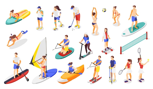 Icone isometriche di sport estivi e attività all'aperto con persone che giocano a golf, tennis, pallavolo, pattinaggio, illustrazione vettoriale